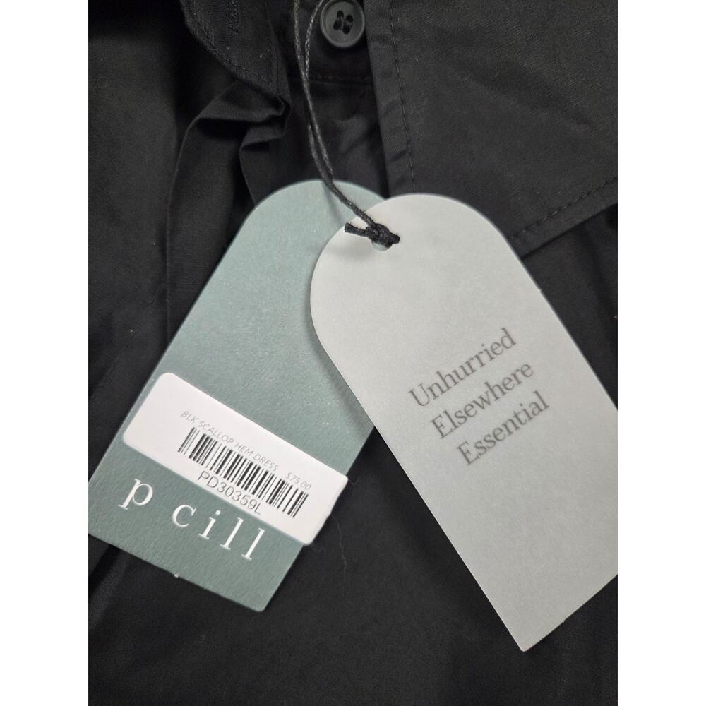 P. Cill NWT Black Scallop Hem Dress Button Front Collared Size Large - Picture 3 of 6